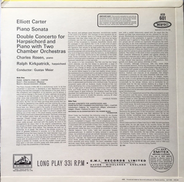 Image of Back Cover of 4824082E: LP - CHARLES ROSEN, RALPH KIRKPATRICK, GUSTAV MEIER, Carter: Piano Sonata / Double Concerto For Harpsichord And Piano With Two Chamber Orchestras (HMV Red, Semi-Circular Nipper Logo; ASD 601, UK 1965, Laminated Flipback Sleeve)   VG+/VG+