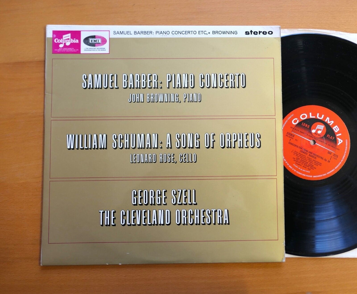 Image of Front Cover of 4824088E: LP - GEORGE SZELL, THE CLEVELAND ORCHESTRA, JOHN BROWNING, LEONARD ROSE, Barber: Piano Concerto / Schuman: A Song Of Orpheus (Columbia; SAX 2575, UK 1964, Laminated Flipback Sleeve)   VG/VG