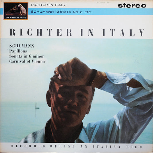 Image of Front Cover of 4824089E: LP - SVIATOSLAV RICHTER, Richter In Italy - Schumann: Sonata No 2 in G Minor, OP 22, Carnival of Vienna, Papillons (HMV Cream and Gold; ASD 520, UK 1963, Laminated Flipback Sleeve) Damp Damage to Bottom of Rear Sleeve, Surface Noise  G+/G+