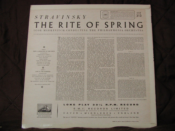 Image of Back Cover of 4824090E: LP - IGOR MARKEVITCH, PHILHARMONIA ORCHESTRA, Stravinsky: The Rite Of Spring (HMV Cream and Gold; ASD 313, UK 1960, Laminated Flipback Sleeve) Surface Noise  VG/G+