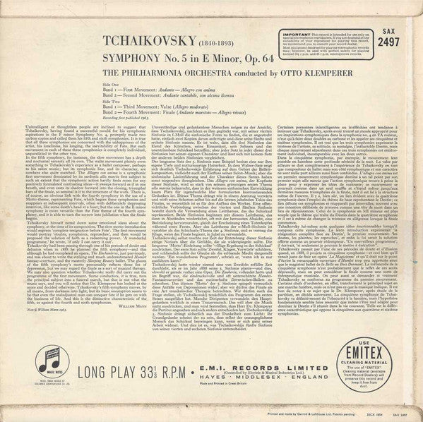 Image of Back Cover of 4824093E: LP - OTTO KLEMPERER, PHILHARMONIA ORCHESTRA, Tchaikovsky: Symphony No. 5 (Columbia; SAX 2497, UK 1963, Laminated Flipback Sleeve) Some Surface Noise  VG/VG