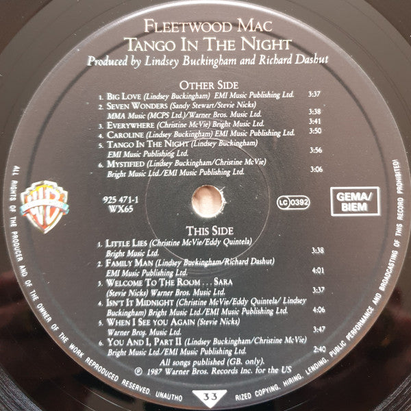 Image of Label Cover of 5124146E: LP - FLEETWOOD MAC, Tango In The Night (Warner Bros. Records; WX 65, Europe 1987, Inner) Stickered Sleeve, Edge Wear  VG/VG