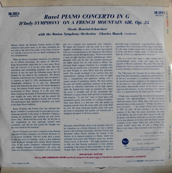 Image of Back Cover of 4824095E: LP - CHARLES MUNCH, NICOLE HENRIOT-SCHWEITZER, BOSTON SYMPHONY, Ravel: Concerto In G / D'Indy: Symphony On A French Mountain Air, Op. 25 (RCA Red Seal; SB-2053, UK 1959) Strong VG  VG/VG