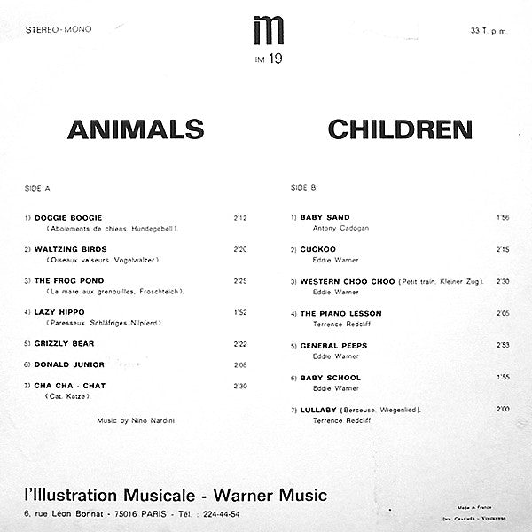 Image of Back Cover of 4844187S: LP - NINO NARDINI, ANTONY CADOGAN, EDDIE WARNER, TERRENCE REDCLIFF, Animals / Children (L'Illustration Musicale; IM 19, France 1976, Laminated Flipback Sleeve) Light edge and ring wear, small tear on loading side of sleeve.   VG/VG+