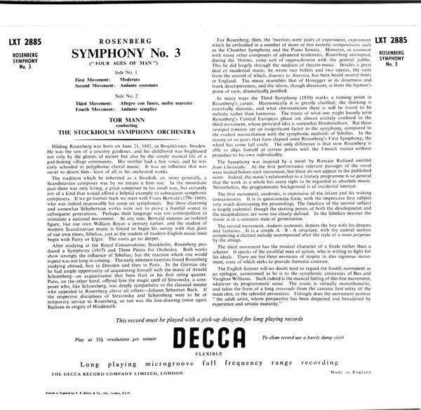 Image of Back Cover of 4824096E: LP - TOR MANN, THE STOCKHOLM PHILHARMONIC ORCHESTRA, Rosenberg: Symphony No. 3 (Decca; LXT 2885, UK 1953) Edge and Ring Wear  VG/VG