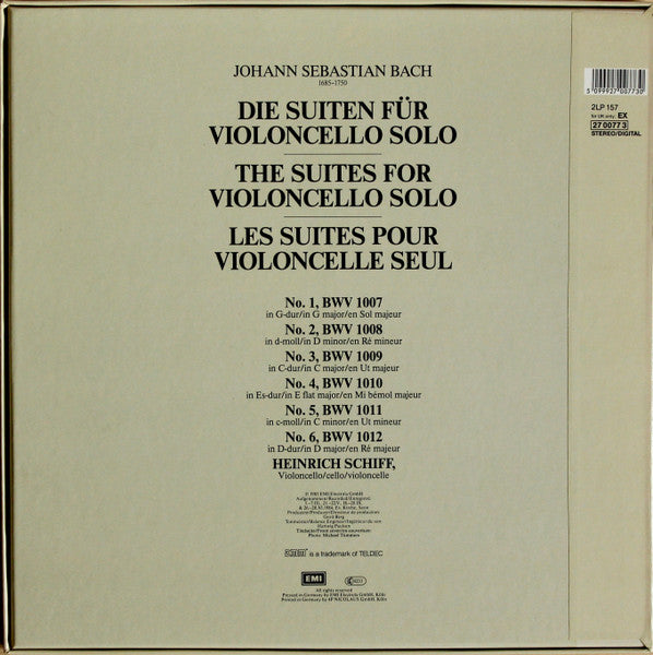 Image of Back Cover of 4824098E: 2xLP - HEINRICH SCHIFF, Bach: Cello-Suiten = Cello-Suites Nos. 1-6 (EMI Digital; 270077 3, Germany 1985, Box Set, Booklet)   VG/VG+