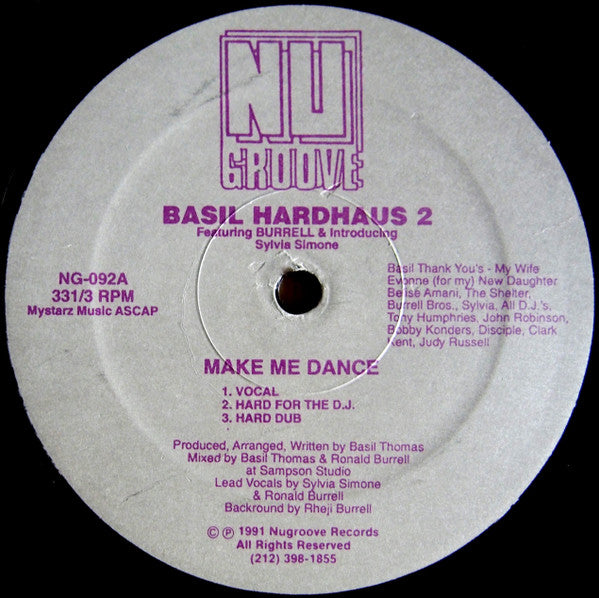 Image of Front Cover of 4844234S: 12" - BASIL HARDHAUS 2, Make Me Dance (Nu Groove Records; NG-092, US 1991) Light marks and scuffs both sides, plays better than it looks.   /VG