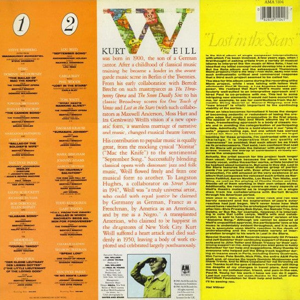 Image of Back Cover of LP - VG/VG+ - VARIOUS, Lost In The Stars - The Music Of Kurt Weill (A&M Records; AMA 5104, UK 1985, Inner), , ft Sting, Marianne Faithfull, Van Dyke Parks, John Zorn, Lou Reed, Tom Waits, Dagmar Krause, Todd Rundgren - 2726351E