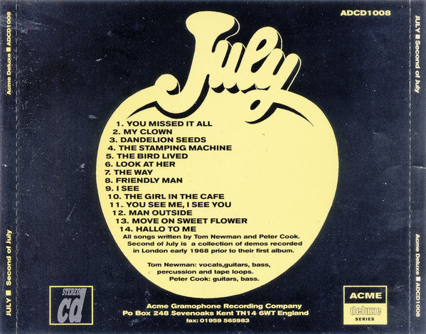 Image of Back Cover of 4834117E: CD - JULY, The Second Of July (Acme; ACLN 1019, UK & US 2014, Jewel Case)   VG+/EX