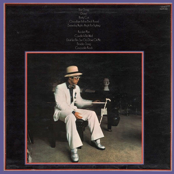 Image of Back Cover of LP - VG/VG - ELTON JOHN, Greatest Hits (DJM Black Yellow and Silver Label; DJLPH.442, UK 1974, Inner With Square Corners, Translucent purple when held up to a bright light, Stereo on Right of Label), ,  - 2316472C