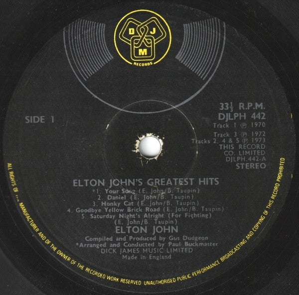 Image of Label Cover of LP - VG/VG - ELTON JOHN, Greatest Hits (DJM Black Yellow and Silver Label; DJLPH.442, UK 1974, Inner With Square Corners, Translucent purple when held up to a bright light, Stereo on Right of Label), ,  - 2316472C