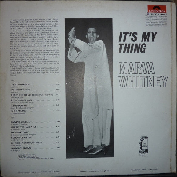 Image of Back Cover of LP - VG/VG - MARVA WHITNEY, It's My Thing (Polydor; 583 767, UK 1969, Laminated sleeve.), Light hairlines. Creases to sleeve. ,  - 3526212E