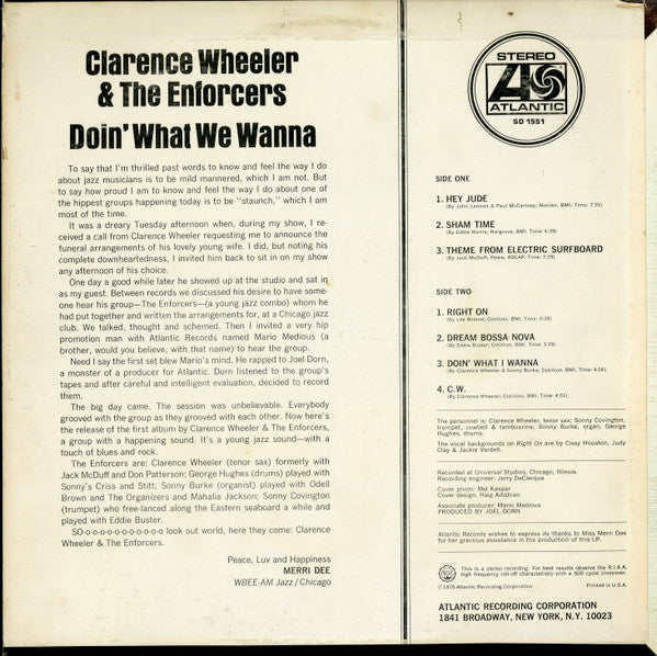 Image of Back Cover of 4844276S: LP - CLARENCE WHEELER & THE ENFORCERS, Doin' What We Wanna (Atlantic; SD 1551, US 1970, White Label Promo, Laminated Pasteback Sleeve, Promo Sticker On Sleeve, Mono) Sturdy intact cover with edge wear and corner bumps.   VG/VG