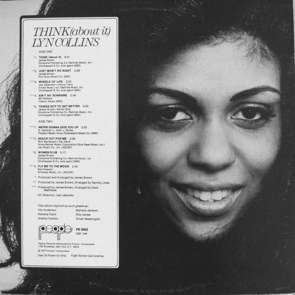 Image of Back Cover of 4844374S: LP - LYN COLLINS, Think (About It) (People; PE 5602, US 1972) A-Side label is almost completely torn. B-side has a small label tear. Sleeve is slightly water damaged and very worn, rear of sleeve has small tears. Light marks on disc.  G+/VG