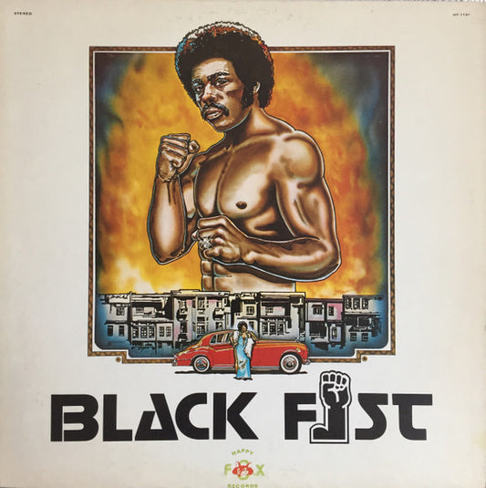 Image of Front Cover of 4844378S: LP - VARIOUS, Black Fist (Original Motion Picture Soundtrack) (Happy Fox Records; HF-1101, US 1977) A couple of light marks, nothing that affects play. Seams are taped on the sleeve.  VG/VG+