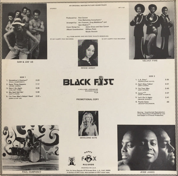 Image of Back Cover of 4844378S: LP - VARIOUS, Black Fist (Original Motion Picture Soundtrack) (Happy Fox Records; HF-1101, US 1977) A couple of light marks, nothing that affects play. Seams are taped on the sleeve.  VG/VG+