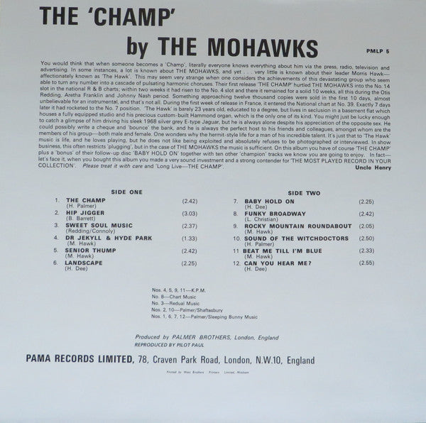 Image of Back Cover of 4844397S: LP - THE MOHAWKS, The Champ (Pama Records; PMLP 5,  , White Label) Light marks only. Light ringwear.   VG/VG