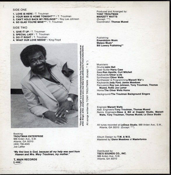 Image of Back Cover of 4114342C: LP - TONY TROUTMAN, Your Man Is Home Tonight (T.Main Records; L-4000, US 1982) Sleeve has hype stickered shrink-wrap that's partly ripped off. Staining and scuffs on reverse  VG/VG