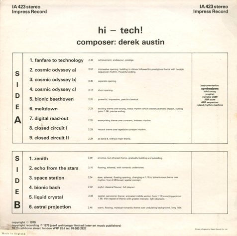 Image of Back Cover of 4844451S: LP - DEREK AUSTIN, Hi-Tech! (Impress; IA 423, UK 1979, Laminated Sleeve) Light edge and ring wear.   VG/VG+