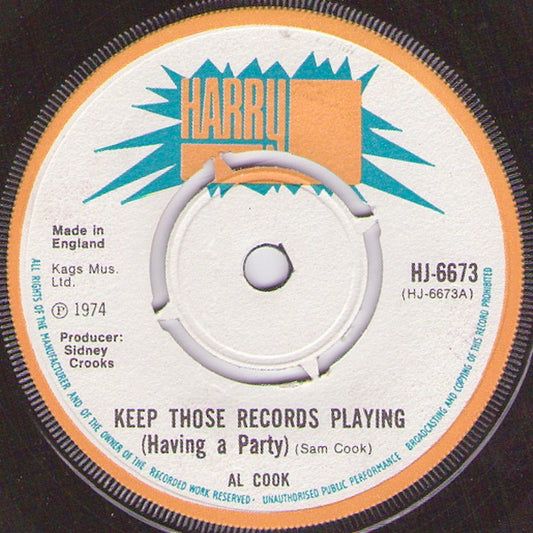 Image of Front Cover of 4814199C: 7" - AL COOK, Keep Those Records Playing (Having A Party) / Star Apple (Harry J Records; HJ-6673, UK 1974) No centre  /VG