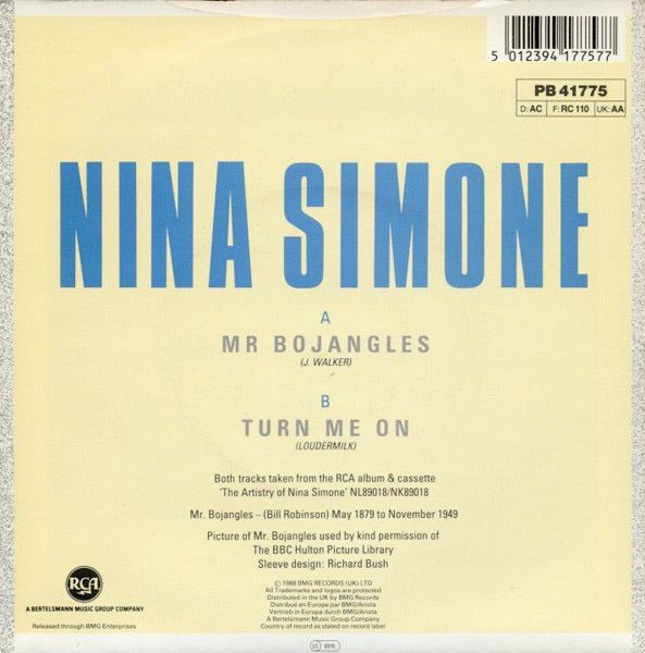 Image of Back Cover of 4814205C: 7" - NINA SIMONE, Mr Bojangles / Turn Me On (RCA; PB 41775, UK 1988, Picture Sleeve)   VG+/VG