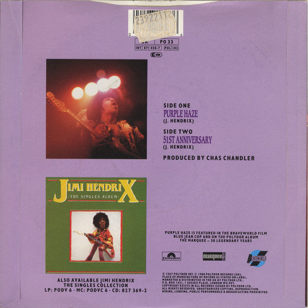 Image of Back Cover of 4814389C: 7" - JIMI HENDRIX, Purple Haze (Polydor; PO 33, UK 1989 Reissue, Picture Sleeve)   EX/VG+