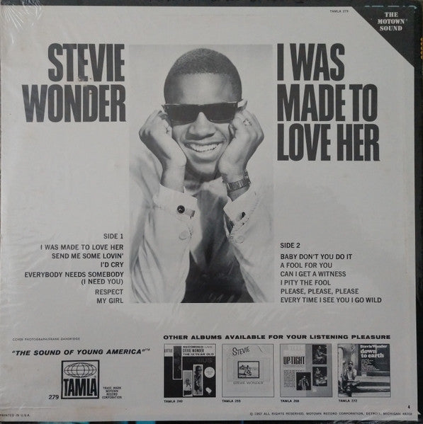 Image of Back Cover of 4844262S: LP - STEVIE WONDER, I Was Made To Love Her (Tamla Twin Globes; 279, US 1967, Pasteback Sleeve, Mono) Strongest G+, some heavy surface marks to B side, causing slight crackle during quieter parts. Split bottom edge, creased  sleeve, ringwear  G+/G+