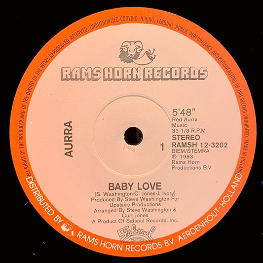 Image of Front Cover of 4814443C: 12" - AURRA, Baby Love (Rams Horn Records; RAMSH 12-3202, Netherlands 1983, Die Cut Company Sleeve) Sleeve worn and creased at edges. Scuffs and a small sticker  G+/VG