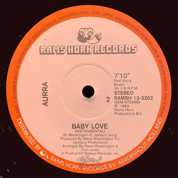 Image of Back Cover of 4814443C: 12" - AURRA, Baby Love (Rams Horn Records; RAMSH 12-3202, Netherlands 1983, Die Cut Company Sleeve) Sleeve worn and creased at edges. Scuffs and a small sticker  G+/VG