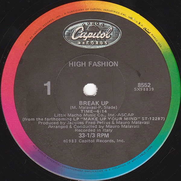 Image of Front Cover of 4814449C: 12" - HIGH FASHION, Break Up / When The Lover Strikes (Capitol Records; 8552, US 1983, Stickered Company Sleeve) Sleeve worn, stained, scuffed, creased, split. Hype sticker worn and torn with mottling. Another old sticker on front   G/G+