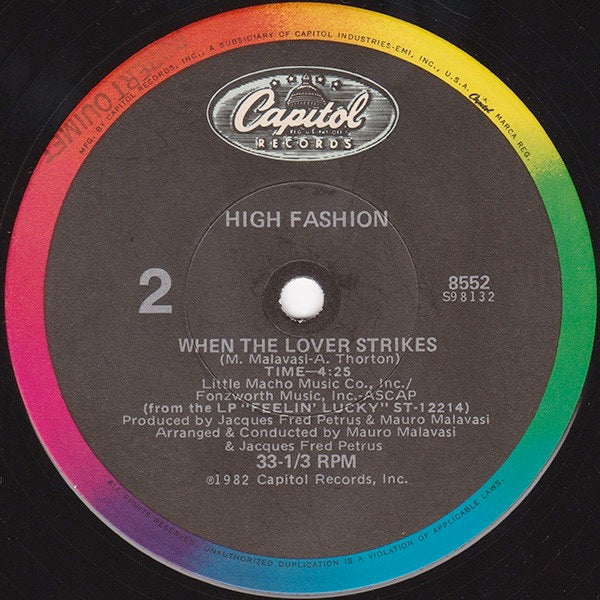 Image of Back Cover of 4814449C: 12" - HIGH FASHION, Break Up / When The Lover Strikes (Capitol Records; 8552, US 1983, Stickered Company Sleeve) Sleeve worn, stained, scuffed, creased, split. Hype sticker worn and torn with mottling. Another old sticker on front   G/G+