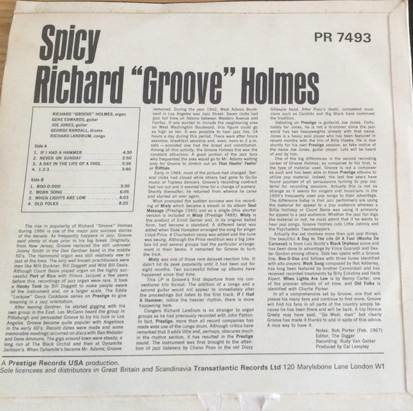 Image of Back Cover of 4824356E: 12" - RICHARD "GROOVE" HOLMES, Spicy (Transatlantic Records; PR 7493, UK 1967, Laminated Flipback Sleeve, Mono) Light Marks only, slight dish warp.  VG/VG