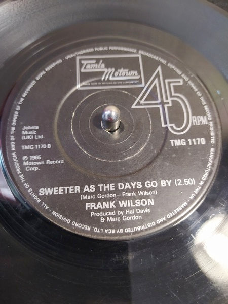 Image of Back Cover of 4814513C: 7" - FRANK WILSON, Do I Love You (Indeed I Do) / Sweeter As The Days Go By (Tamla Motown; TMG 1170, UK 1979, Company Sleeve, Solid Centre) Lots of lighter marks. Initials written in marker pen on A-side label. Sleeve damaged, ripped, worn, creased  G/G+