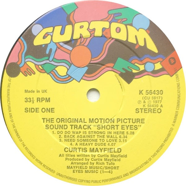 Image of Label Cover of 4644019S: LP - CURTIS MAYFIELD, Short Eyes O.S.T (Curtom; K56430, UK 1977) Edge and ring wear.  VG/VG+