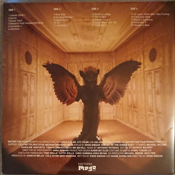 Image of Back Cover of 4924002E: 2xLP - ANTHONY PATERAS, Errors Of The Human Body (Original Motion Picture Soundtrack) (Editions Mego; eMEGO140V, Austria 2012, Gatefold) Edge/corner/ringwear, white chips to sleeve art. Light marks to records.  VG/VG+