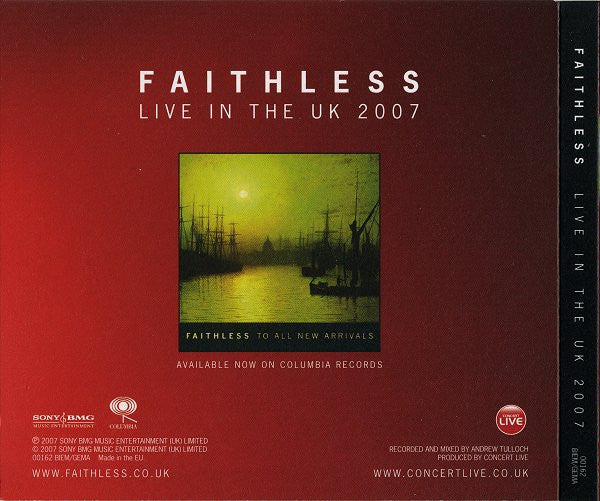 Image of Back Cover of 4934011E: 2xCD - FAITHLESS, Live In The UK 2007 (Recorded Live 28/03/2007 Wembley Arena London) (Columbia ; none, UK 2007, Double Digipak)   VG+/VG+