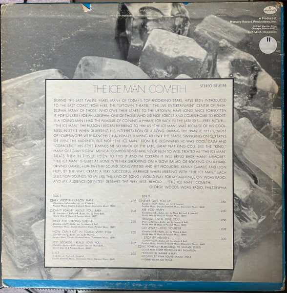 Image of Back Cover of 4924101E: LP - JERRY BUTLER, The Ice Man Cometh (Mercury; SR-61198, US 1968, Pasteback Sleeve, Mercury Manufacturing Press) Still In Shrinkwrap - B side VG, a few light marks. A side G+, several hairline marks.  VG+/G+