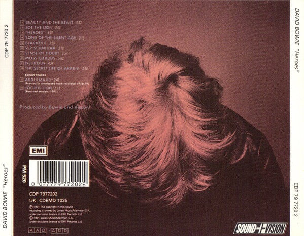 Image of Back Cover of 4914055C: CD - DAVID BOWIE, Heroes (EMI; CDEMD 1025, UK 1991 Reissue, Jewel Case, Insert)   VG+/VG+