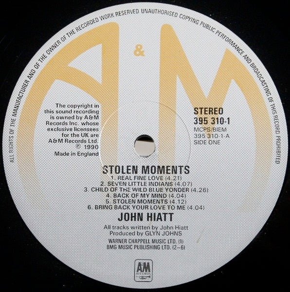 Image of Label Cover of 4914088C: LP - JOHN HIATT, Stolen Moments (A&M Records; 395 310-1, UK 1990, Inner)   VG/VG+