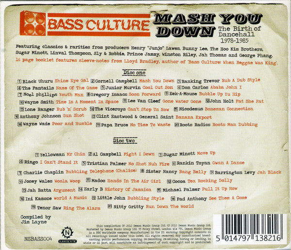 Image of Back Cover of 4934044E: 2xCD - VARIOUS, Bass Culture Volume Four: Mash You Down - The Birth Of Dancehall 1978-1985 (Nascente; NSBASS004, UK 2012, Slipcase)   VG+/VG+