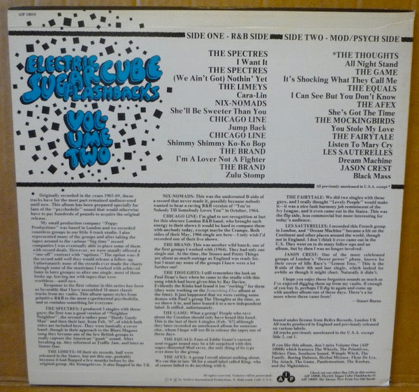 Image of Back Cover of 4914094C: LP - VARIOUS, Electric Sugar Cube Flashbacks: Volume 2 (AIP Records; AIP 10010, US 1983, Unofficial Release) Light Marks Only, Light corner bumps and a spine pinch  VG/VG