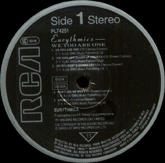 Image of Label Cover of LP - VG/VG+ - EURYTHMICS, We Too Are One (RCA; PL 74251, Europe 1989, Insert), ,  - 2016186C