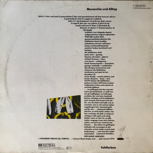 Image of Back Cover of 4944072S: LP - FEHLFARBEN, Monarchie Und Alltag (Welt-Rekord; 1C 064-46 150, Germany 1980s Reissue, Generic Inner, Green Labels) A little scuff to side 2, Otherwise VG, Sleeve has some edge and spine wear, Small split  VG/G