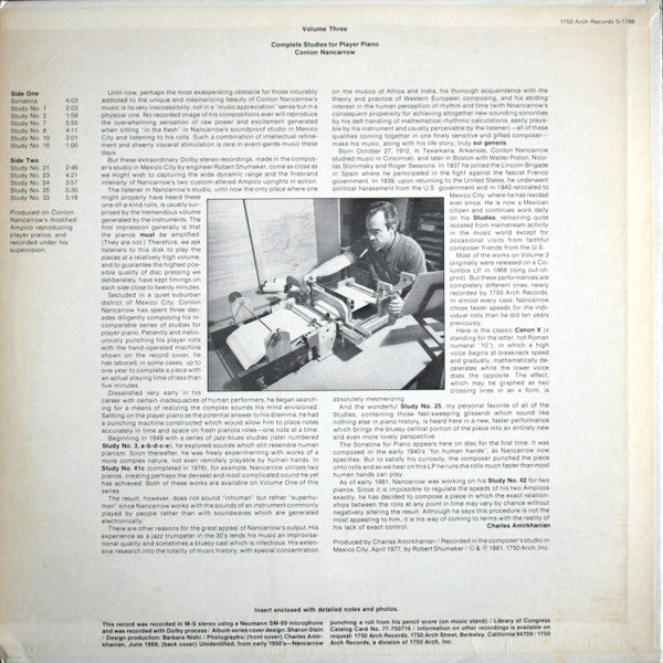 Image of Back Cover of 4944137S: LP - CONLON NANCARROW, Complete Studies For Player Piano Volume Three (1750 Arch Records; S-1786, US 1981, Booklet) Large corner cut, also on insert. Minor spine damage.   VG/VG+