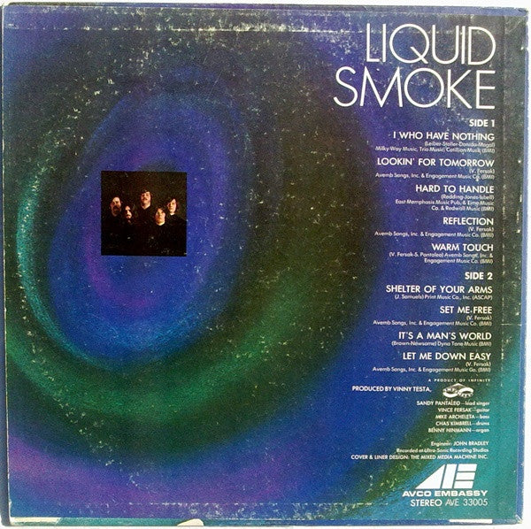 Image of Back Cover of 4924252E: LP - LIQUID SMOKE, Liquid Smoke (AVCO Embassy ; AVE 33005, US 1970, Rockaway Pressing) Covered In Marks - Plays VG,Edge and Ring Wear, Pinholes In Sleeve  G+/G+