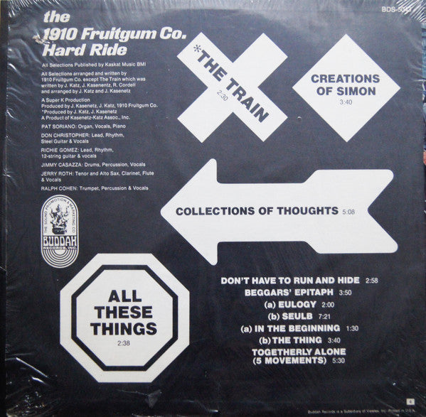 Image of Back Cover of LP - VG/VG - 1910 FRUITGUM COMPANY, Hard Ride (Buddah Records ; BDS 5043, US 1969, ARP Pressing), Has been opened instore but edges show splitting and disc has compression marks, Still in opened shrinkwrap,  - 2715404C
