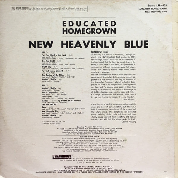 Image of Back Cover of LP - VG/VG - NEW HEAVENLY BLUE, Educated Homegrown (Rca Victor ; LSP-4439, Australia 1971, Laminated Front Sleeve), ,  - 4924250E