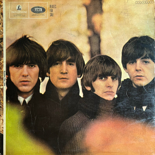 Image of Front Cover of 4924146E: LP - THE BEATLES, Beatles For Sale (Parlophone Black/Yellow; PMC 1240, UK 1964, Laminated Gatefold Sleeve. Misprint - All Printing Offset By 1cm, so White Spine Runs Down Front Cover, Outline Mono, 'Sold In UK', 'Parlophone Co', 'Recording 1st Published', KT Tax Code. B5 - NCB. Publishing on B5 and B6 (With Full Stop) ) Company Inner  VG/VG