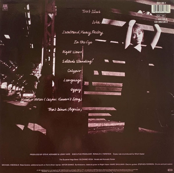 Image of Back Cover of 4914283C: LP - SUZANNE VEGA, Solitude Standing (A&M Records; 395136-1, Europe 1987, Inner & Insert) Stickered Sleeve  VG+/VG+