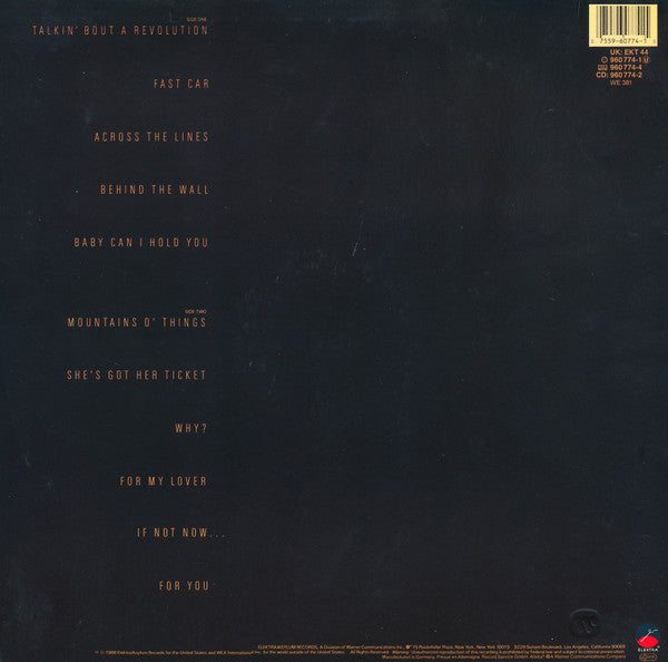 Image of Back Cover of LP - VG/VG+ - TRACY CHAPMAN, Tracy Chapman (Elektra; 960 774-1, Europe 1988, Matte Sleeve, Inner, One Pressing Ring), ,  - 2516468C